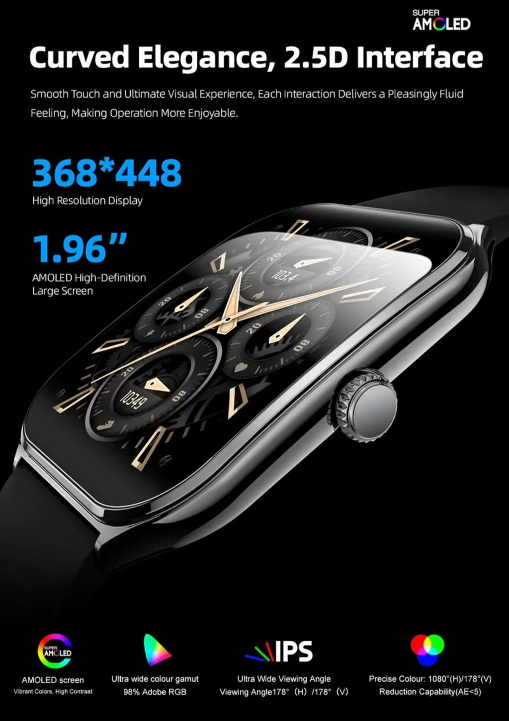 MT61 Smartwatch: 1.96-inch AMOLED Curved Screen, Bluetooth Calling, Slim Design for Sports and Health Monitoring.
