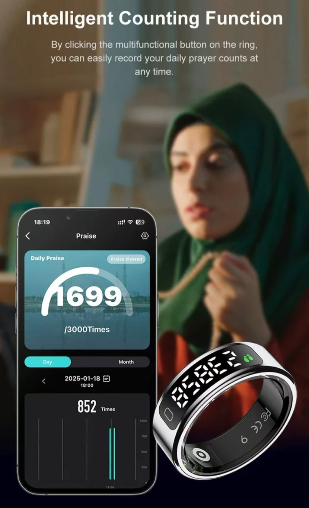 R11C Smart Ring: with Display Screen, Heart Rate, Blood Oxygen & Sleep Monitoring, Step and Calorie Tracking, Touch Control for Sports.