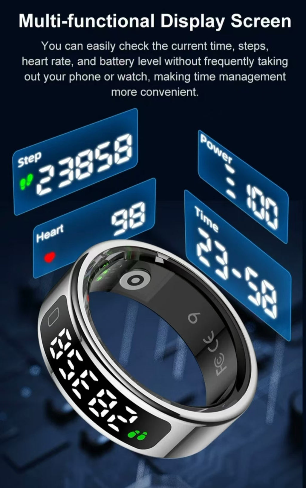 R11C Smart Ring: with Display Screen, Heart Rate, Blood Oxygen & Sleep Monitoring, Step and Calorie Tracking, Touch Control for Sports.