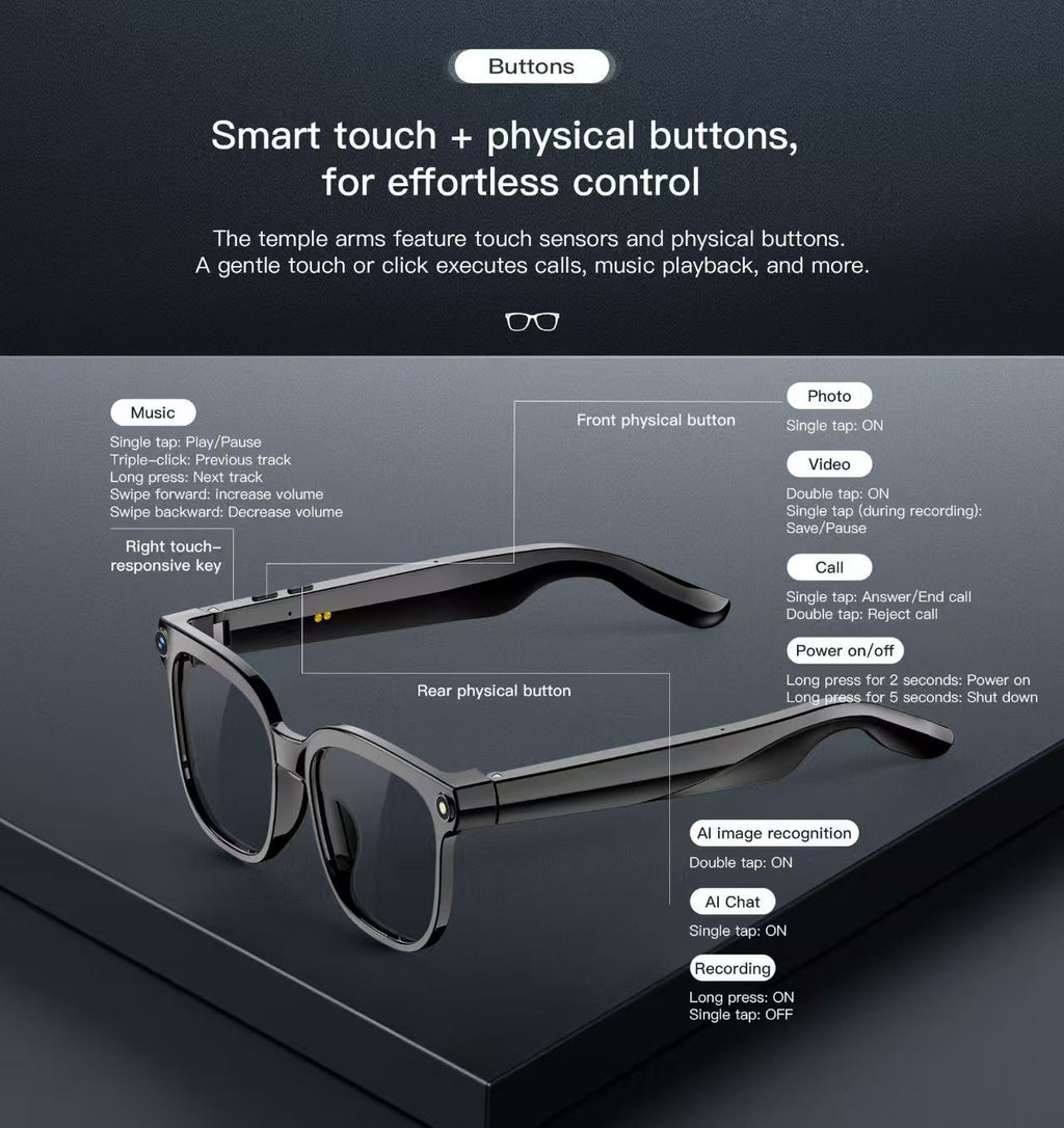 Smart Glasses with 8MP Photo/Video, Real-Time Translation, Bluetooth Calling & AI Assistant.