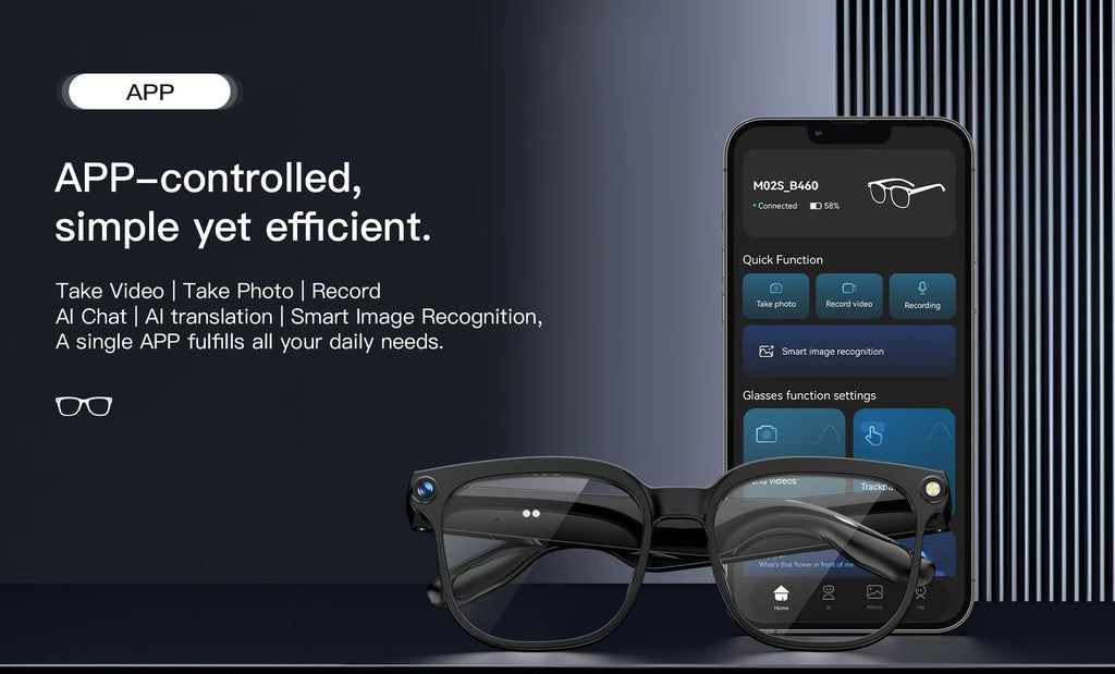 Smart Glasses with 8MP Photo/Video, Real-Time Translation, Bluetooth Calling & AI Assistant.