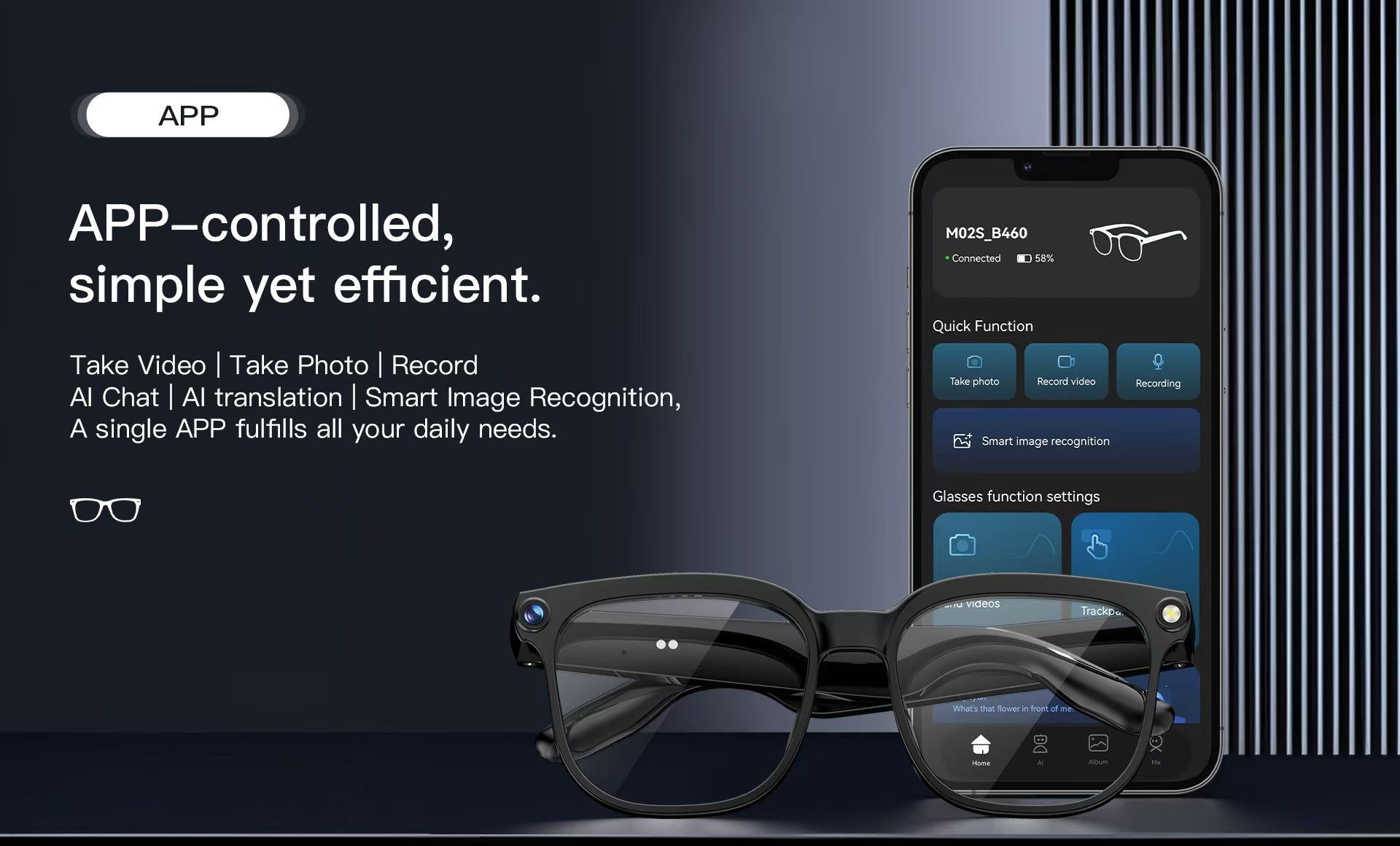 Smart Glasses with 8MP Photo/Video, Real-Time Translation, Bluetooth Calling & AI Assistant.