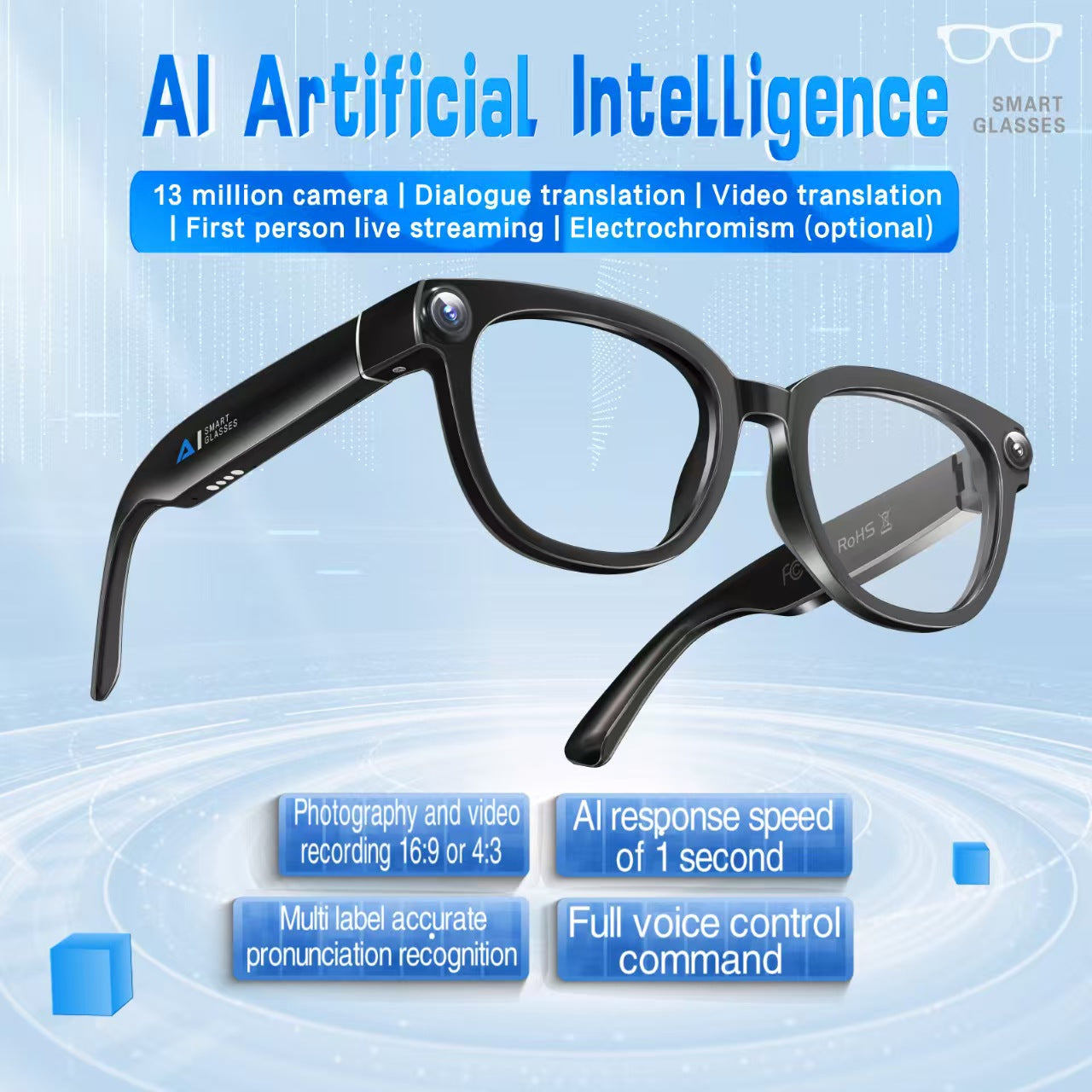 AI Translation Smart Glasses with 13MP Photochromic Lenses, Real-Time Translation, Image Stabilization for Photo/Video, Call Noise Cancellation & AI Assistant.