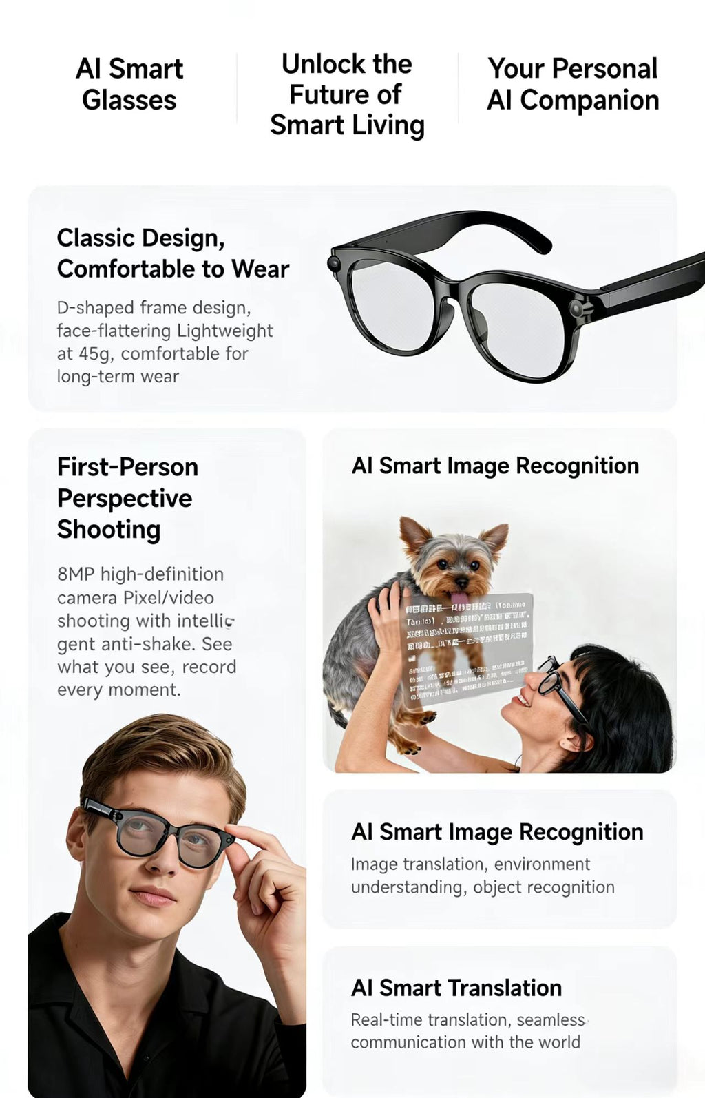 AI Smart Glasses 8MP Multifunctional HD Photo Capture Video Recording Object Recognition Call Function with Data Transmission, Model M89.