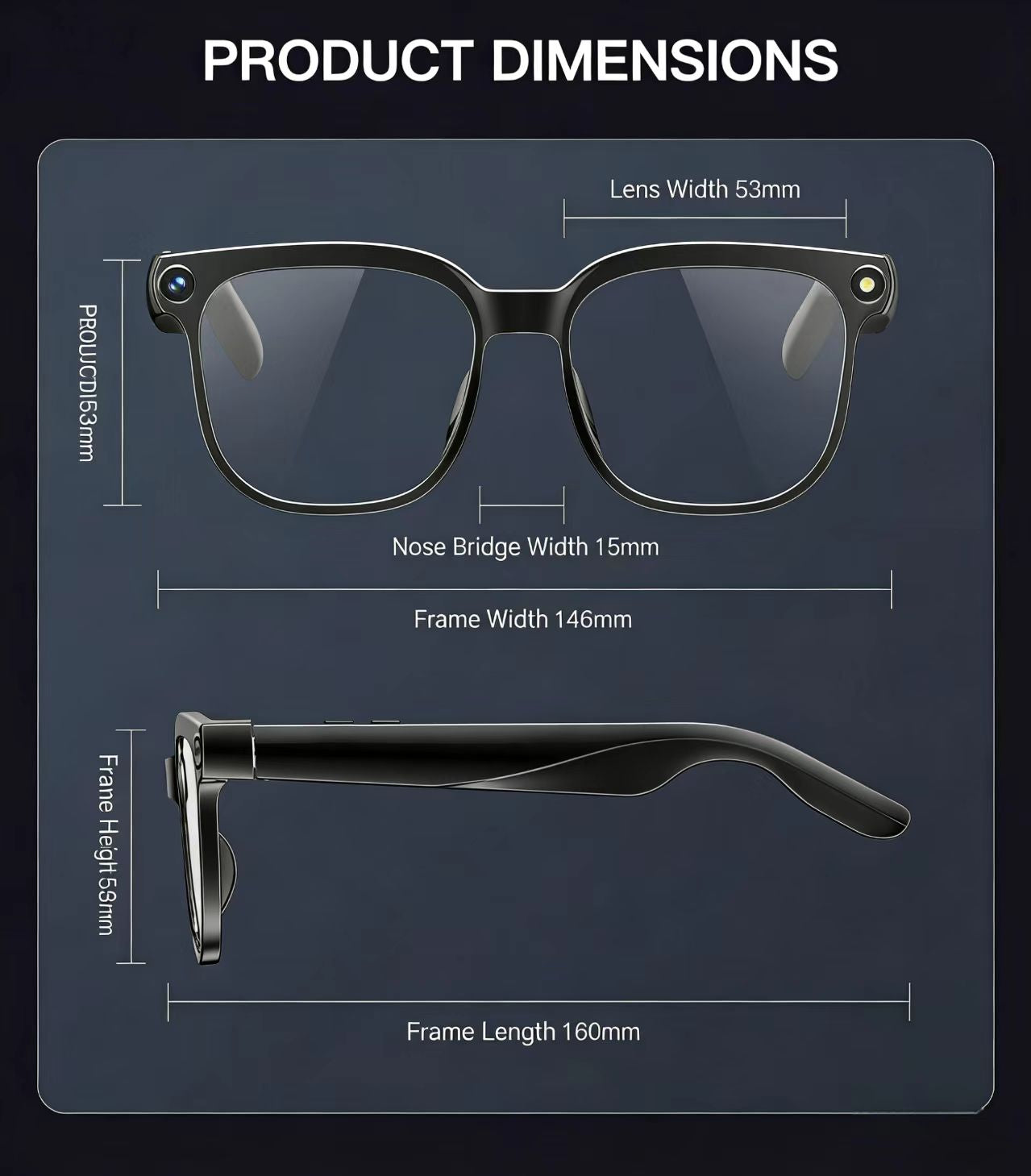 AI smart glasses with an 8MP anti-shake camera for photo/video, object recognition, and real-time translation.