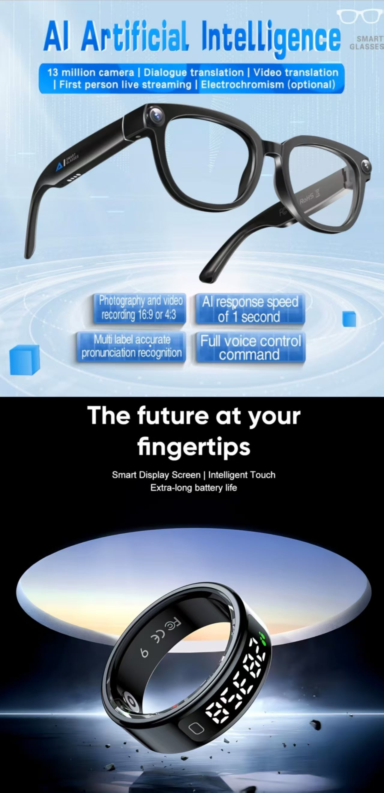 AI Translation Smart Glasses 13MP Photochromic&R11 Sports Smart Ring