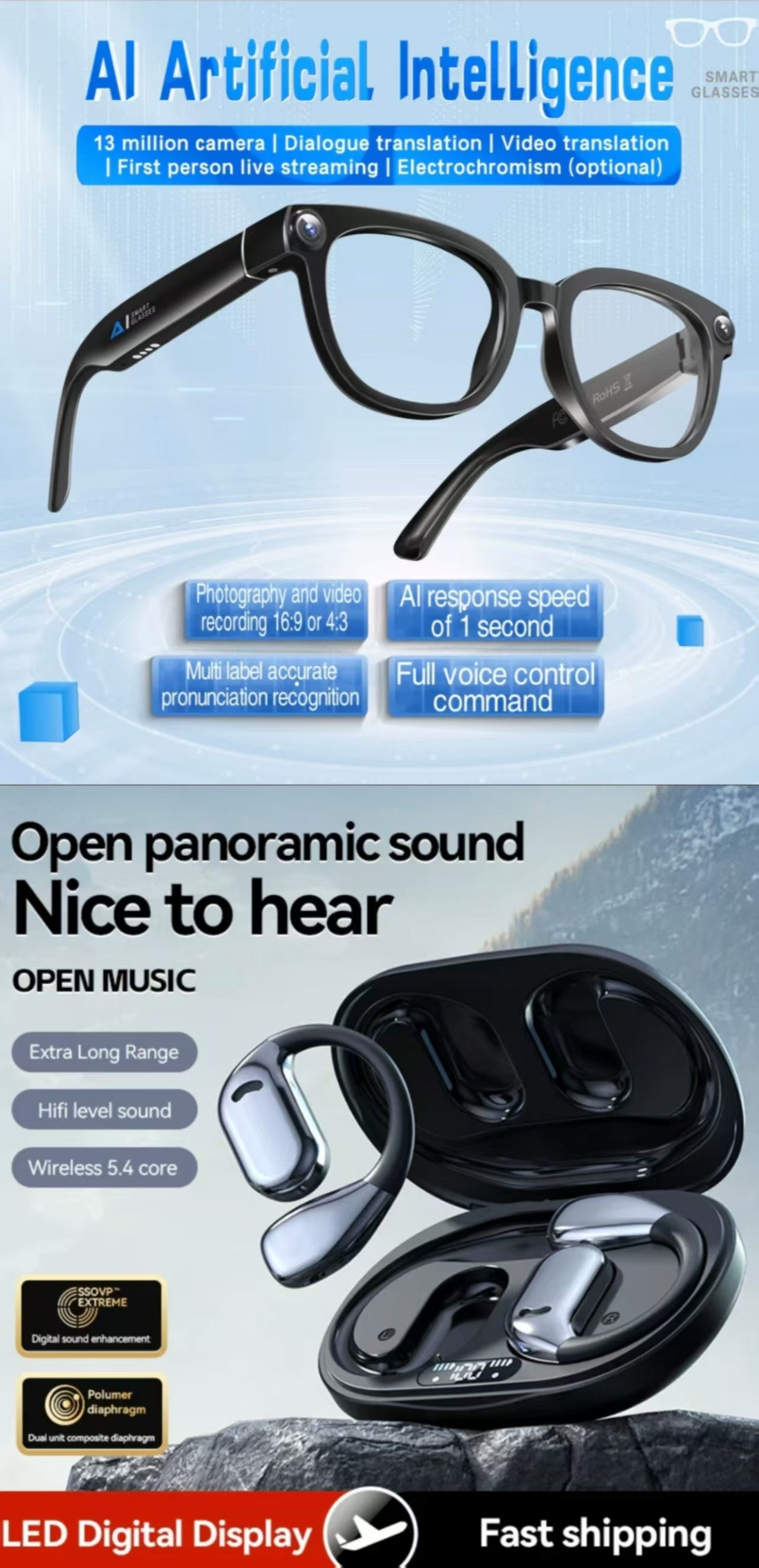 M75 AI Translation Earbuds & AI Translation Smart Glasses with 13MP Photochromic