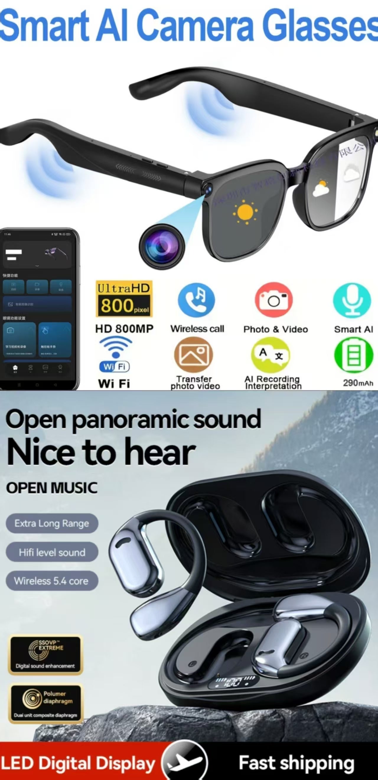 800W AI Smart Translation Glasses&M75 AI Translation Earbuds