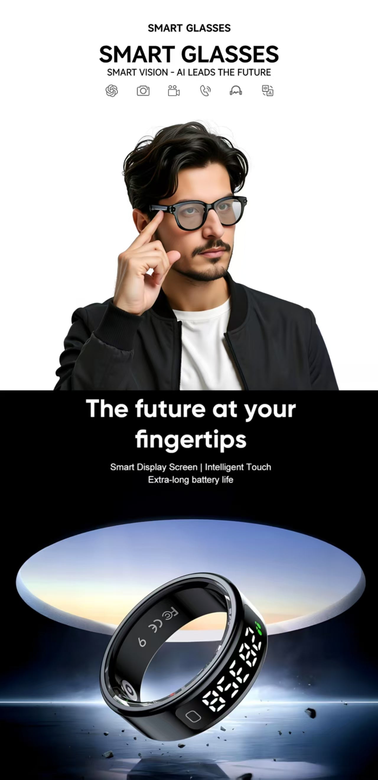 AI Smart Glasses 8MP&R11C Smart Ring