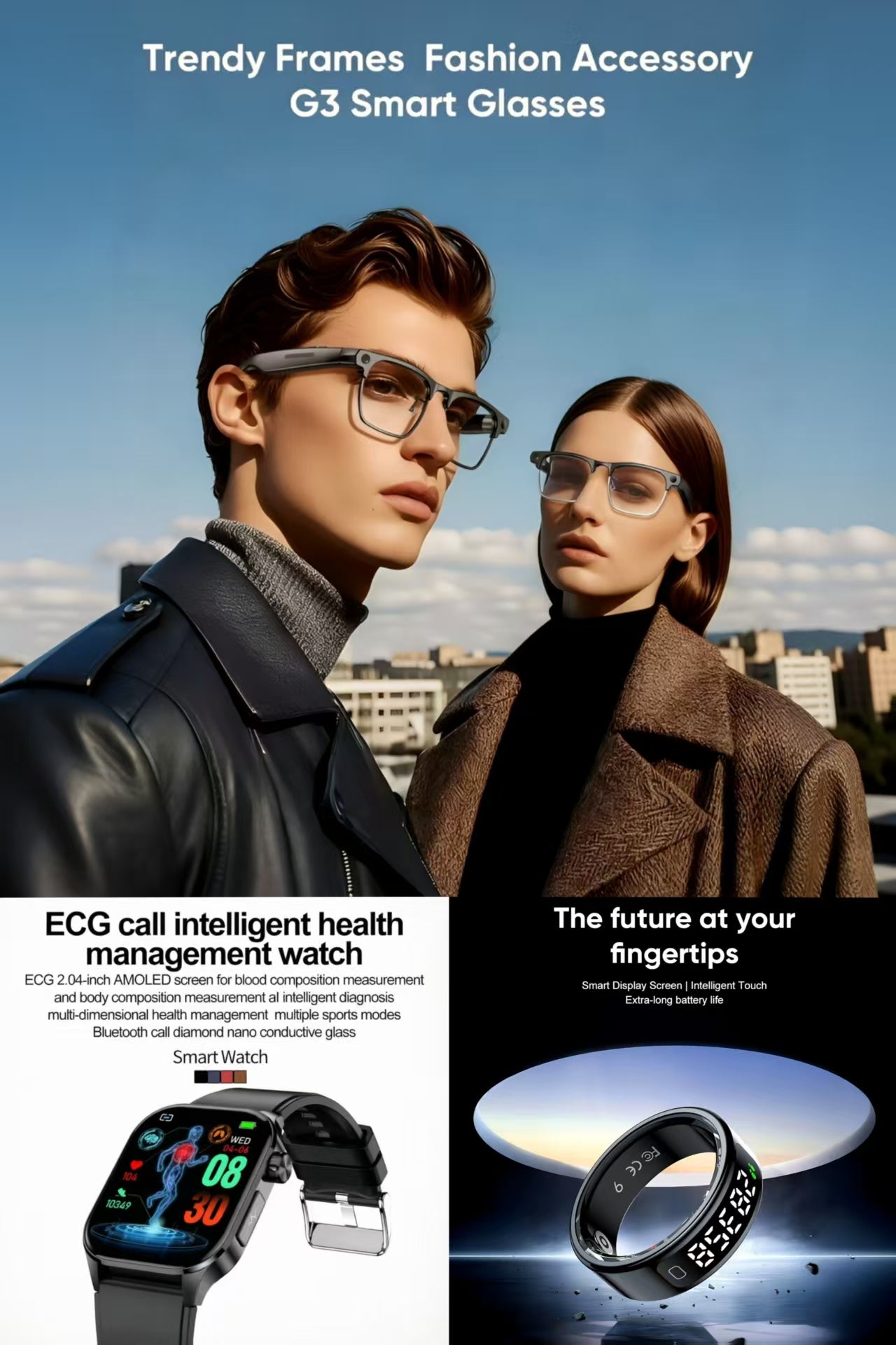Future-Ready AI Gear: 🕶️ i-Rimless Business Smart Glasses, ET580 Smart Watch  & R11 Smart Ring