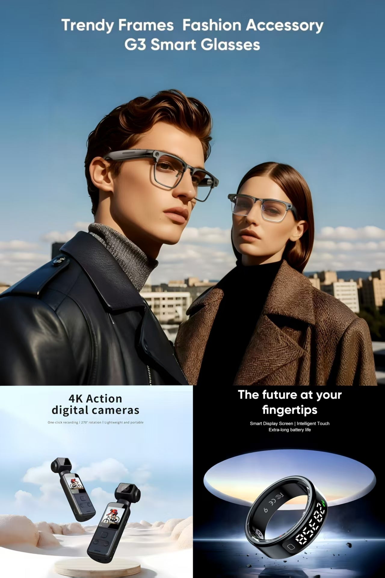 Future-Ready AI Gear: 🕶️ i-Rimless Business Smart Glasses, 4K Ultra HD Anti-Shake Pocket Camera& R11 Smart Ring