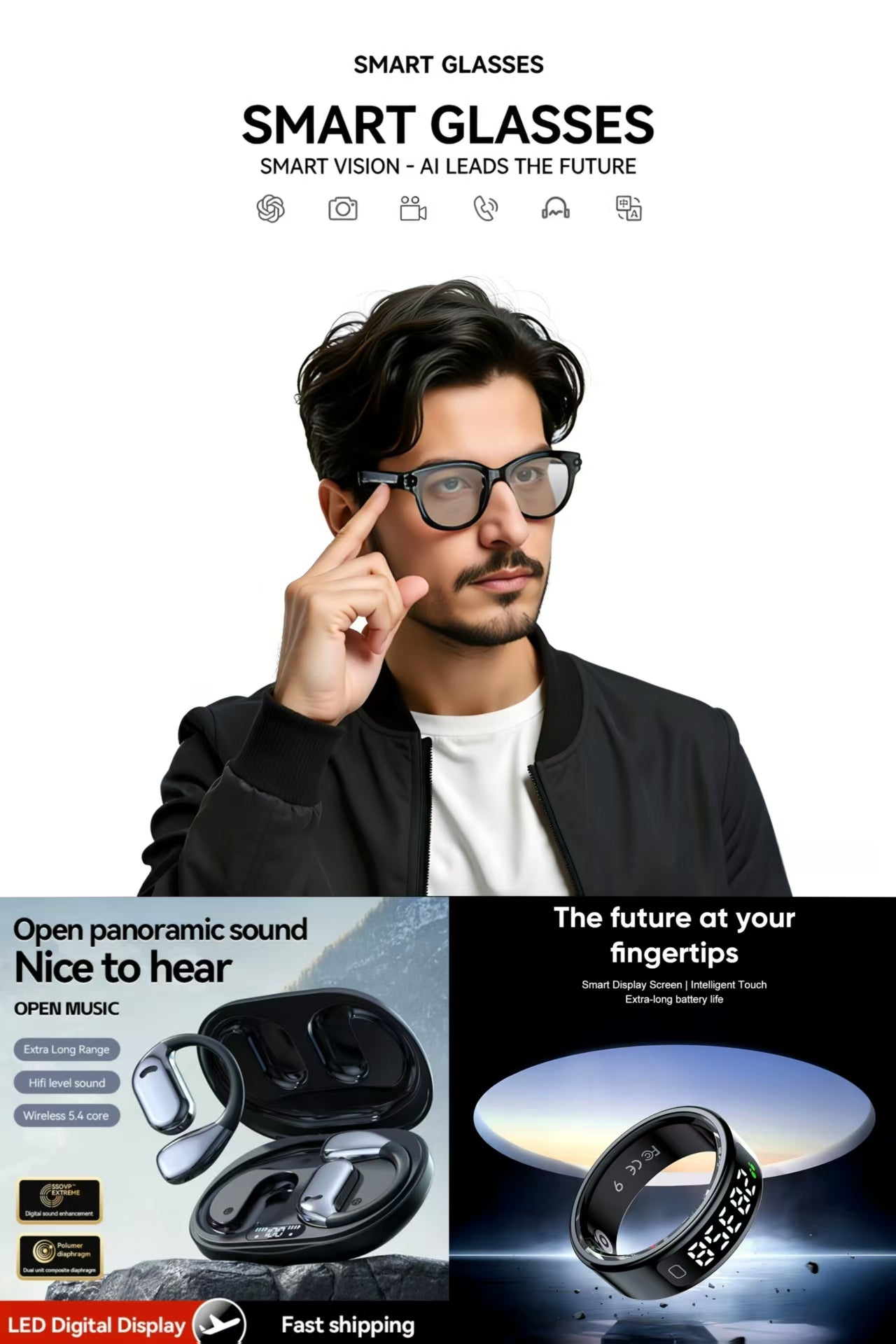 Future-Ready AI Gear: AI Smart Glasses 8MP, M75 AI Translation Earbuds  & R11 Smart Ring