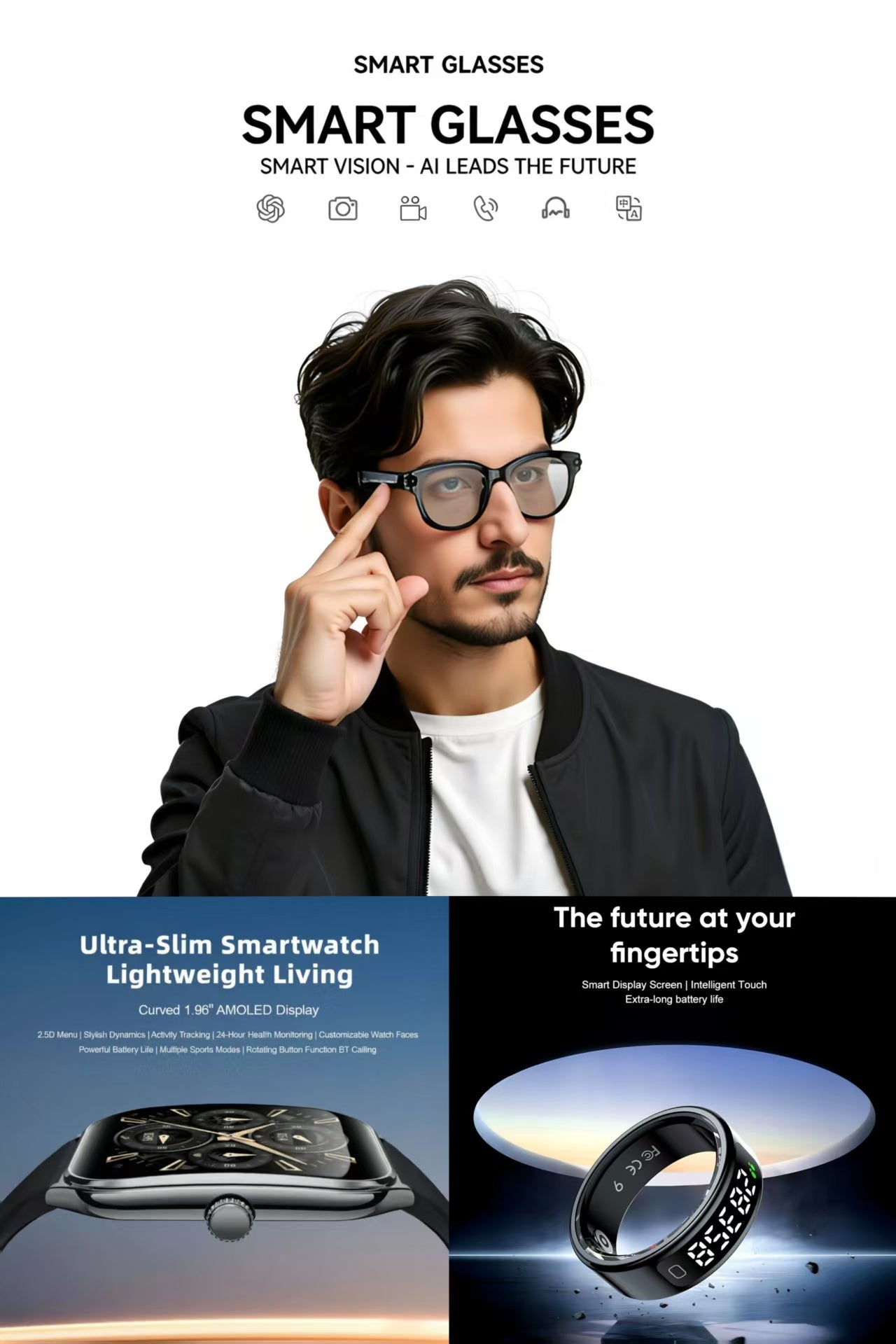 Future-Ready AI Gear: AI Smart Glasses 8MP, MT61 Smart Watch & R11 Smart Ring