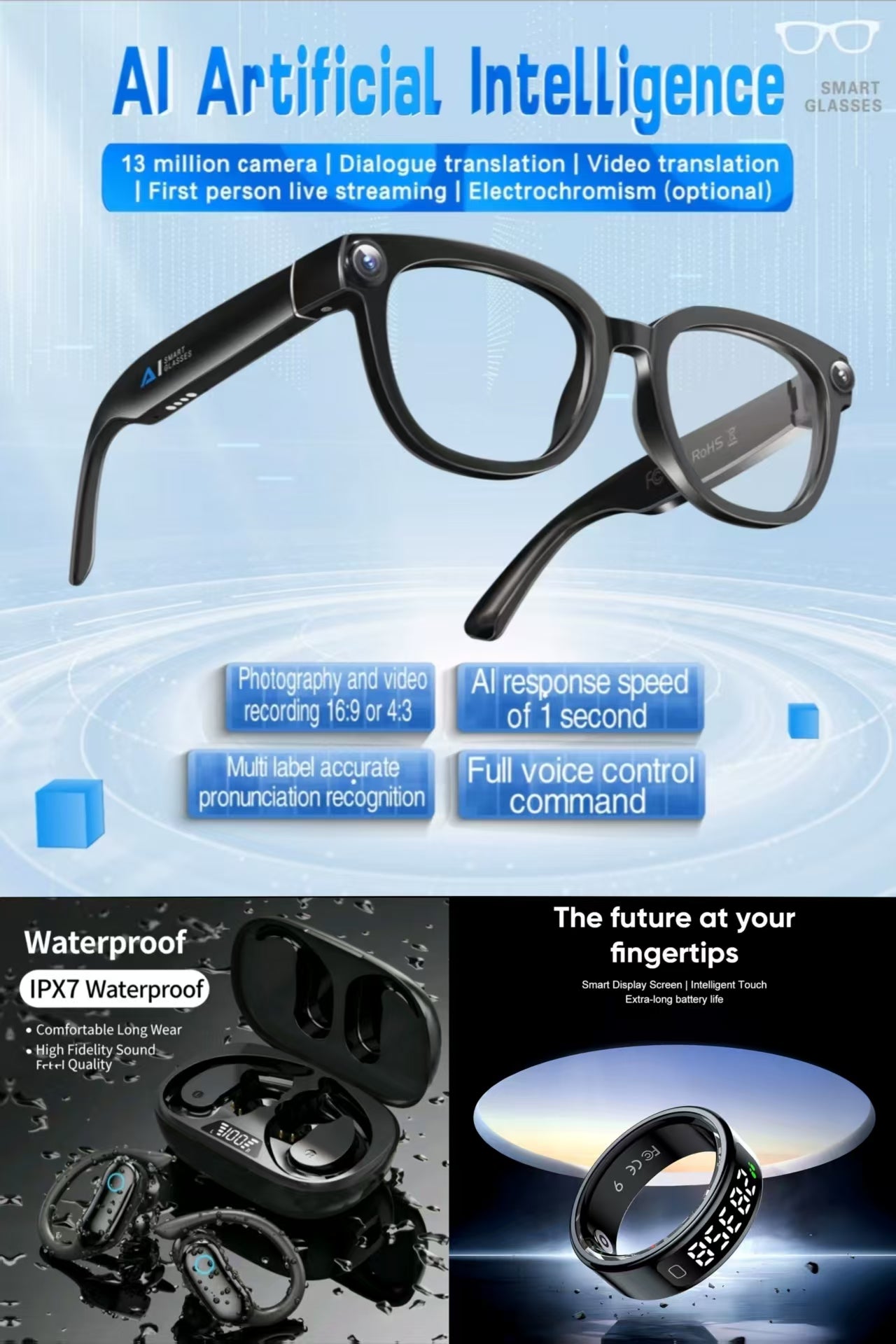 Future-Ready AI Gear: AI Translation Smart Glasses 13MP Photochromic, TWS Sports IPX7 Waterproof Bluetooth Earbuds & R11 Smart Ring