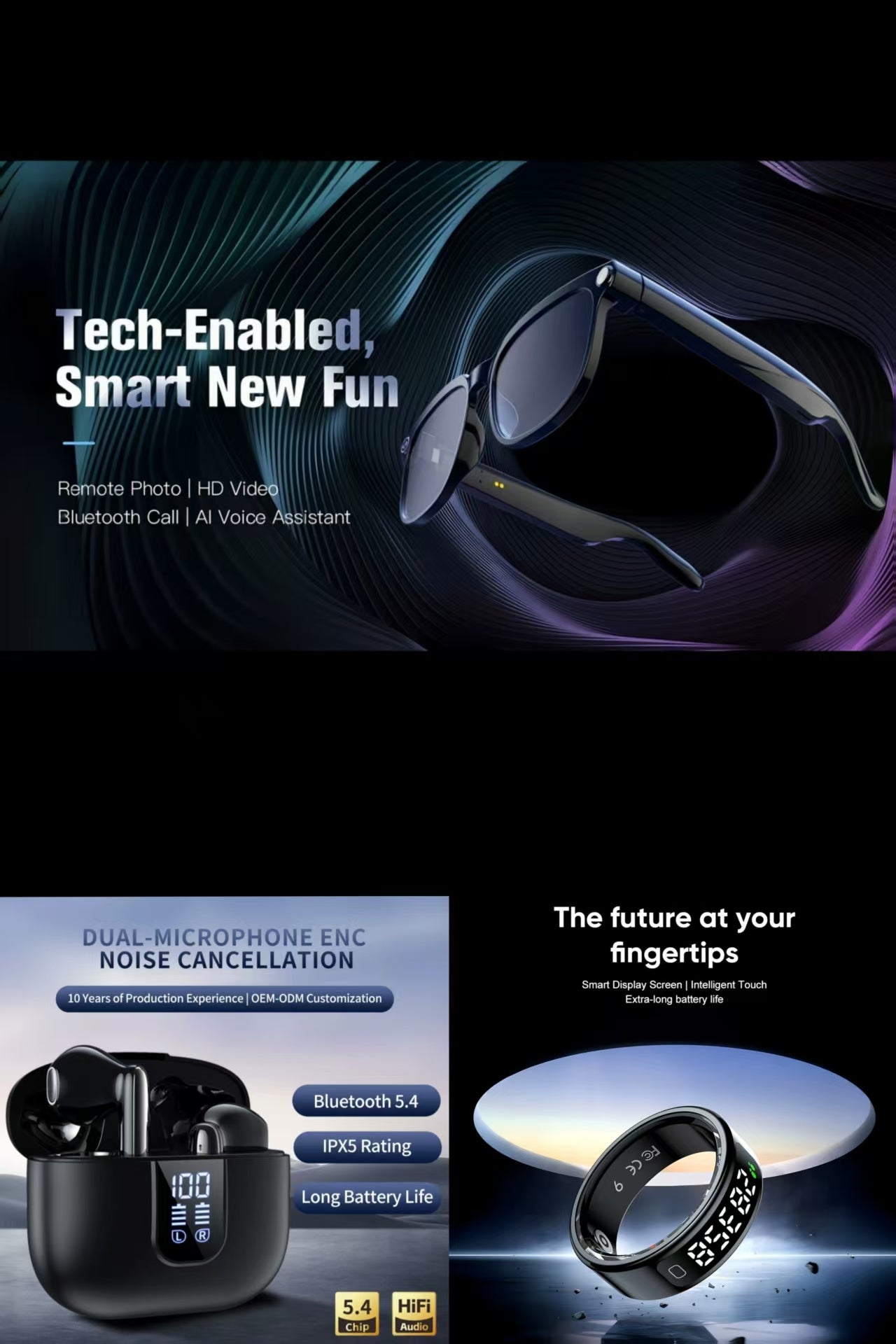 Future-Ready AI Gear: LED Digital Display Dual-Mic ENC TWS Bluetooth Earbuds, Anti-Shake Glasses & R11 Smart Ring