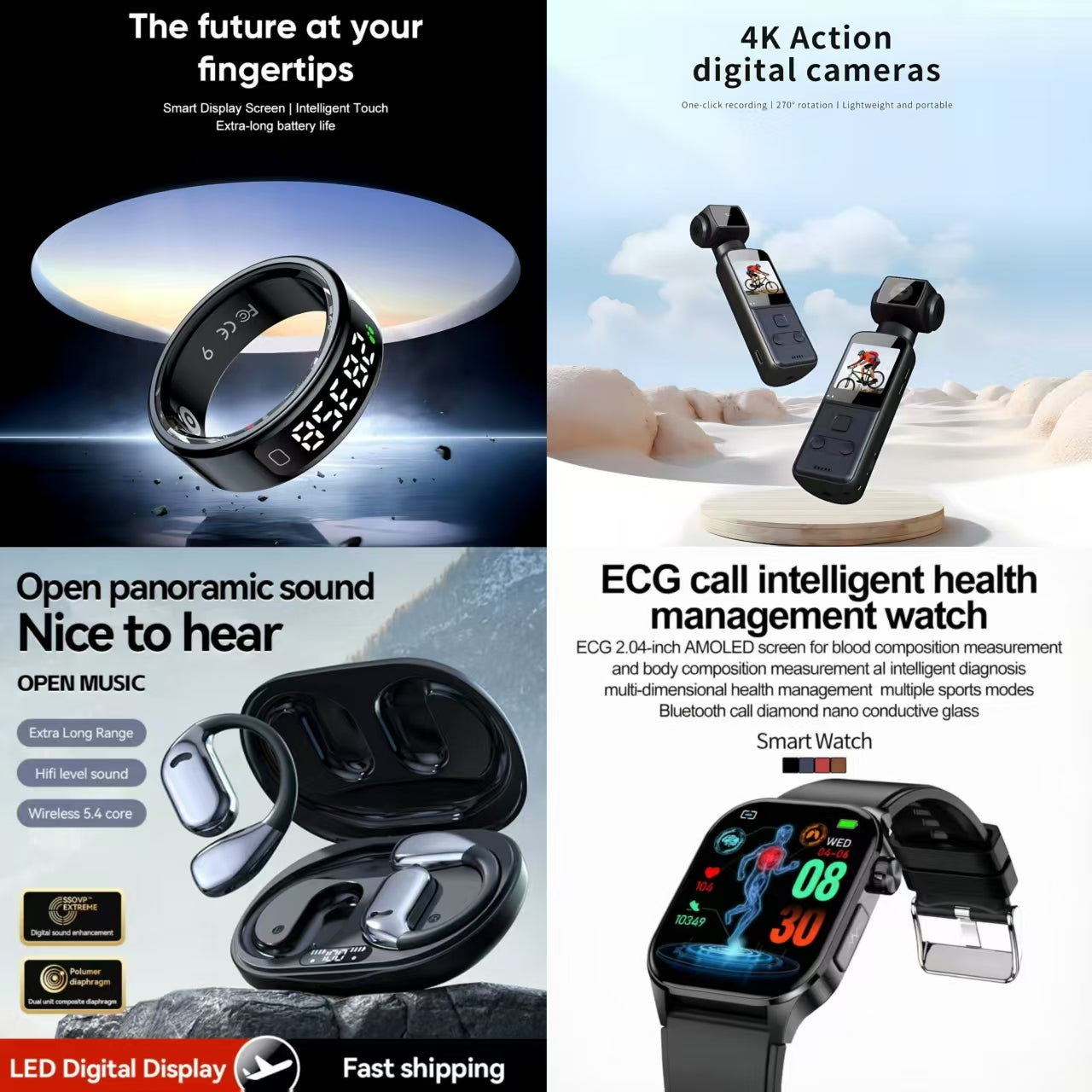 4-in-1 Ultimate Smart Health & Adventure Bundle: Smart Ring, ECG Watch, 4K Action Camera & Open-Ear Headphones