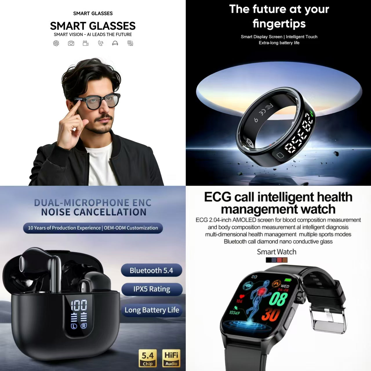 4-in-1 Smart Health & Fashion Bundle | Smart Glasses + Smart Ring + Dual Mic ENC Noise Canceling Earbuds + ECG Call Health Watch