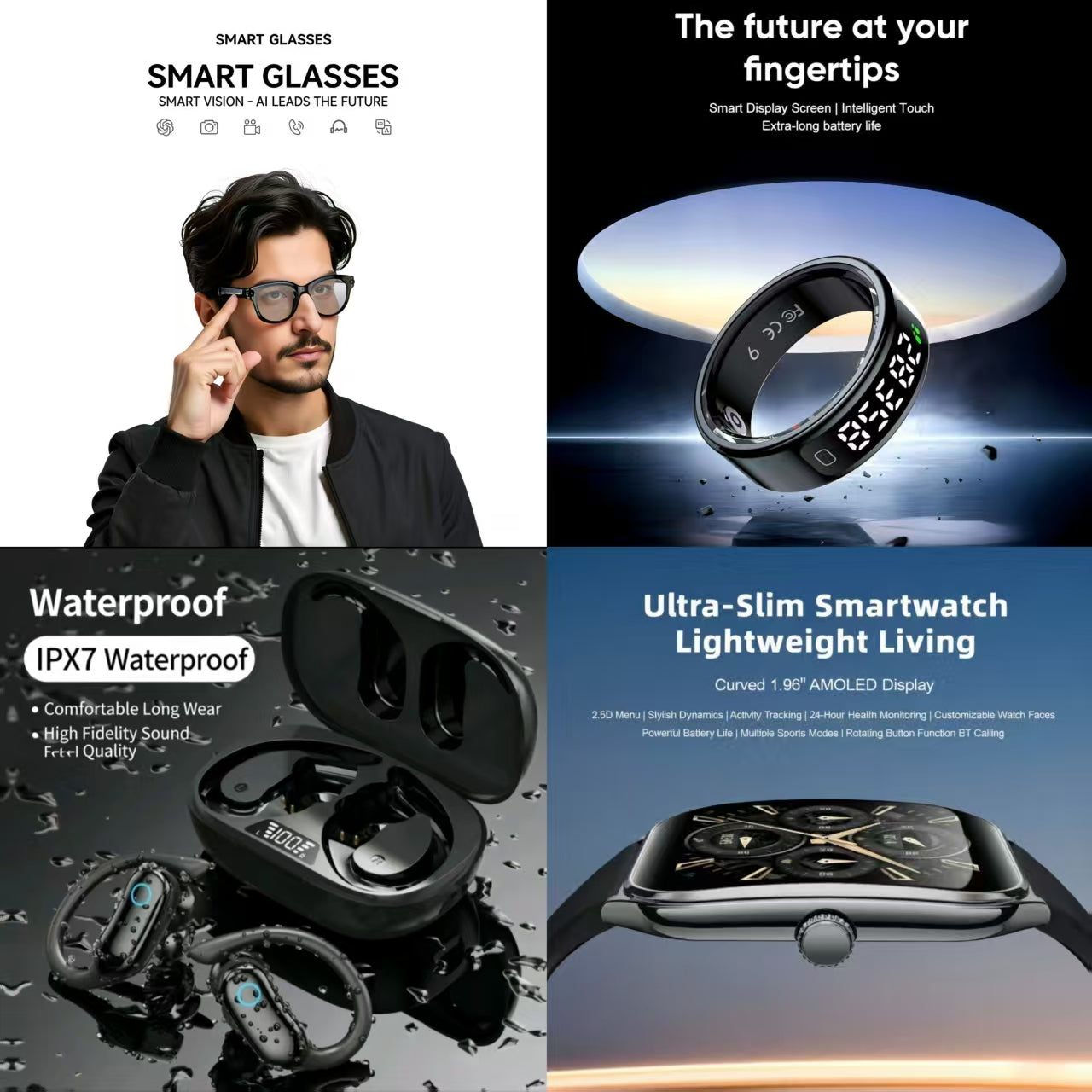 4-in-1 Smart Health & Fashion Bundle | Smart Glasses + Smart Ring + IPX7 Waterproof Open-Ear Earbuds + Ultra-Slim Smartwatch