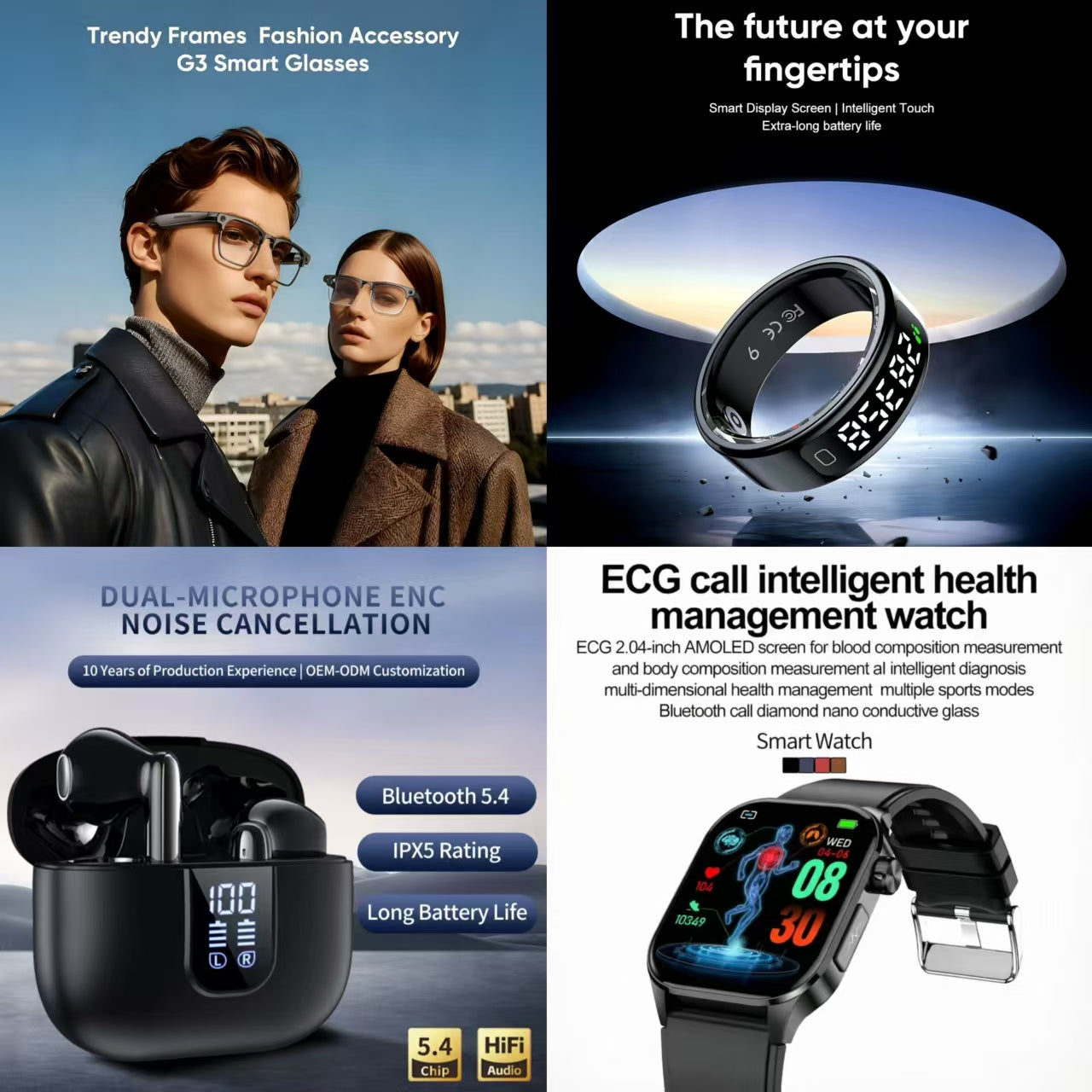 4-in-1 Smart Health & Fashion Bundle | G3 Smart Glasses + Smart Ring + Dual Mic ENC Noise Canceling Earbuds + ECG Call Health Watch