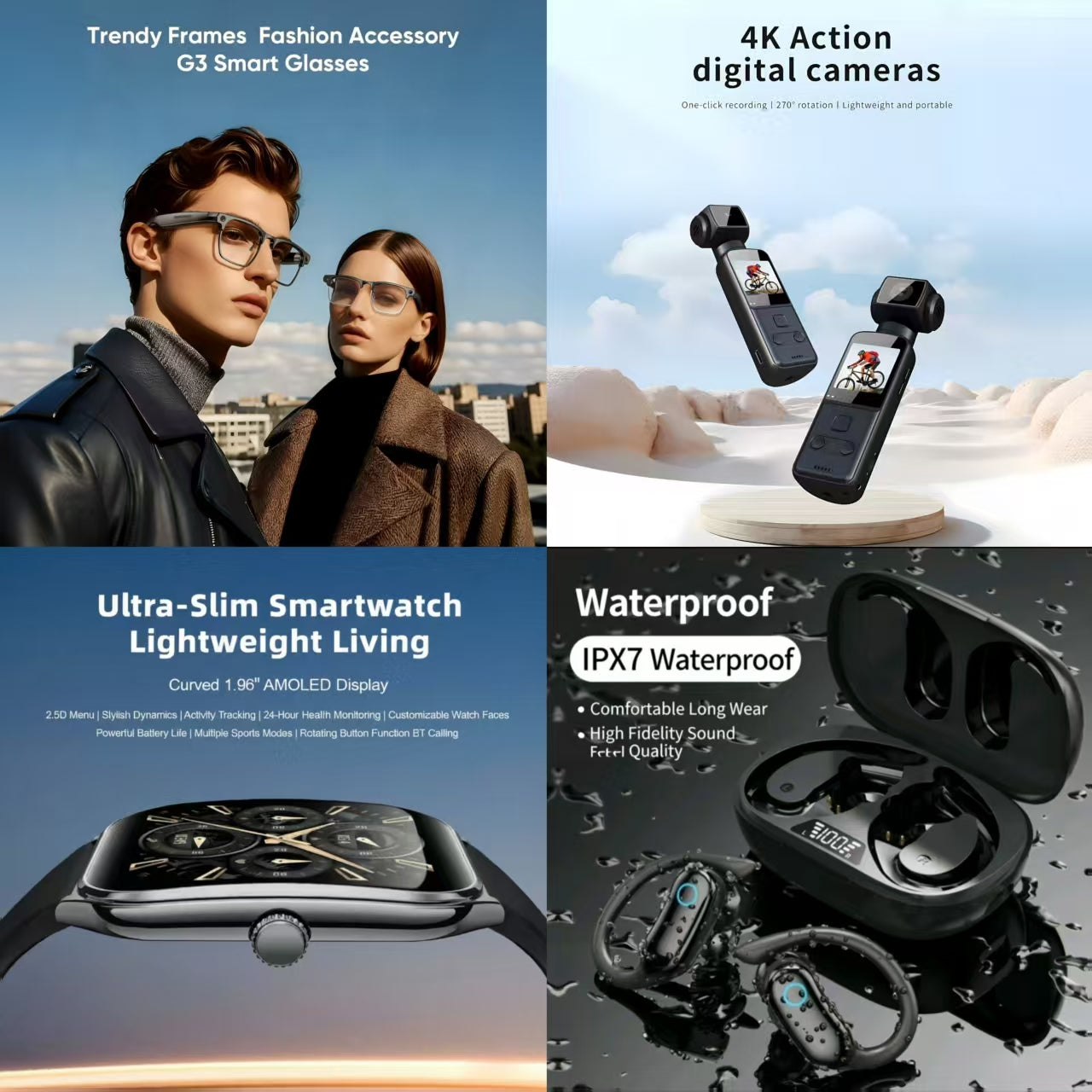 4-in-1 Smart Lifestyle Bundle | G3 Smart Glasses + 4K Action Camera + Ultra-Slim Smartwatch + IPX7 Waterproof Open-Ear Earbuds
