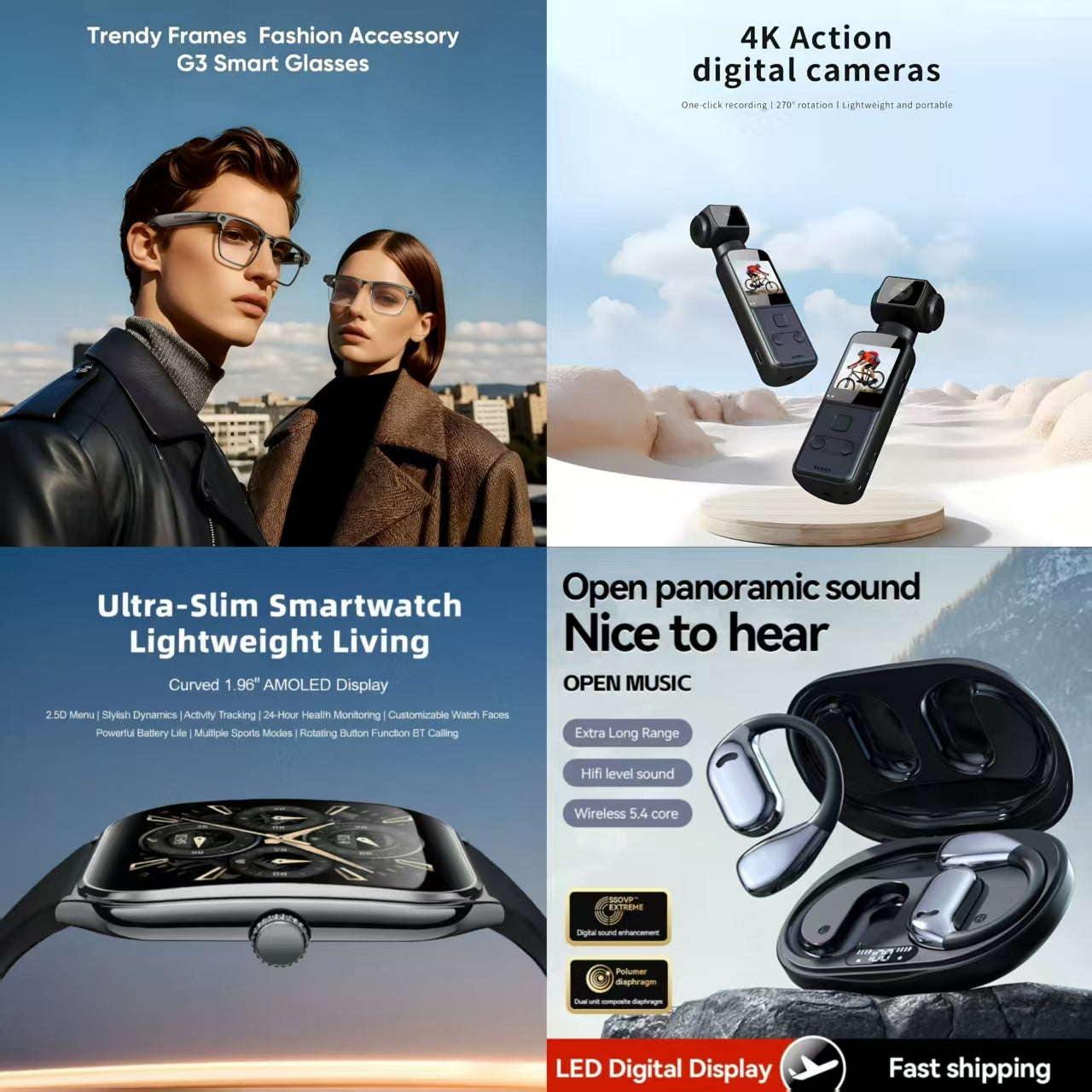 4-in-1 Smart Lifestyle Bundle | G3 Smart Glasses + 4K Action Camera + Ultra-Slim Smartwatch + Open-Ear Panoramic Sound Earbuds