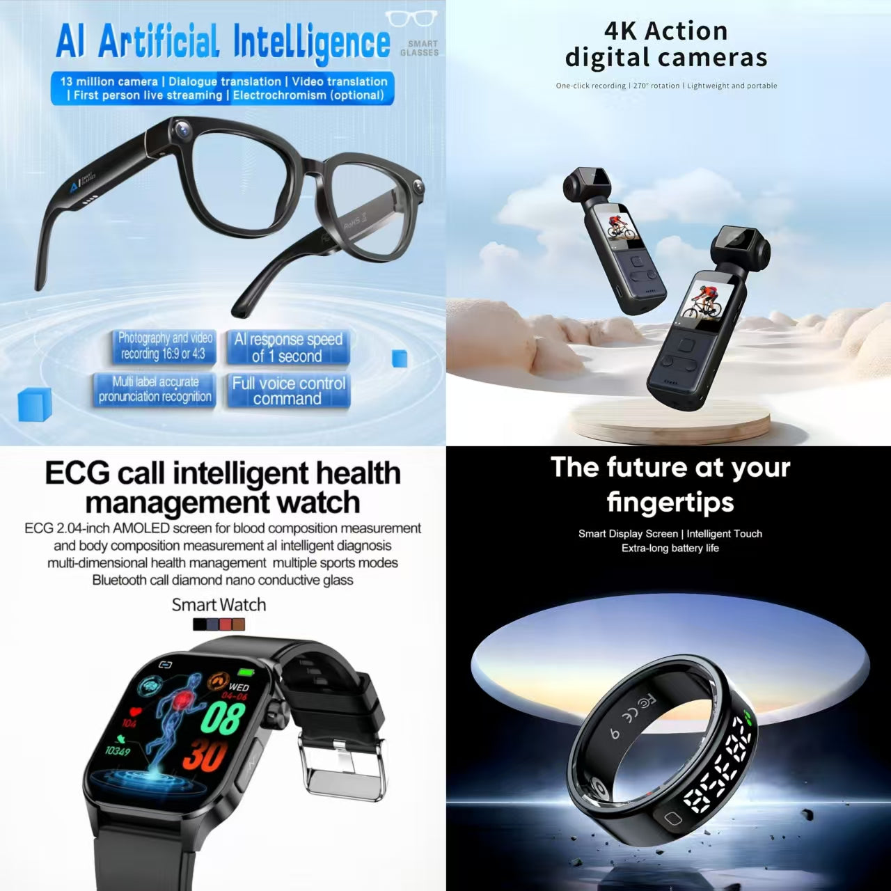 4-in-1 Smart AI Tech & Health Bundle: AI Smart Glasses + ECG Call Health Watch + 4K Action Camera + Smart Ring (Future at Your Fingertips)