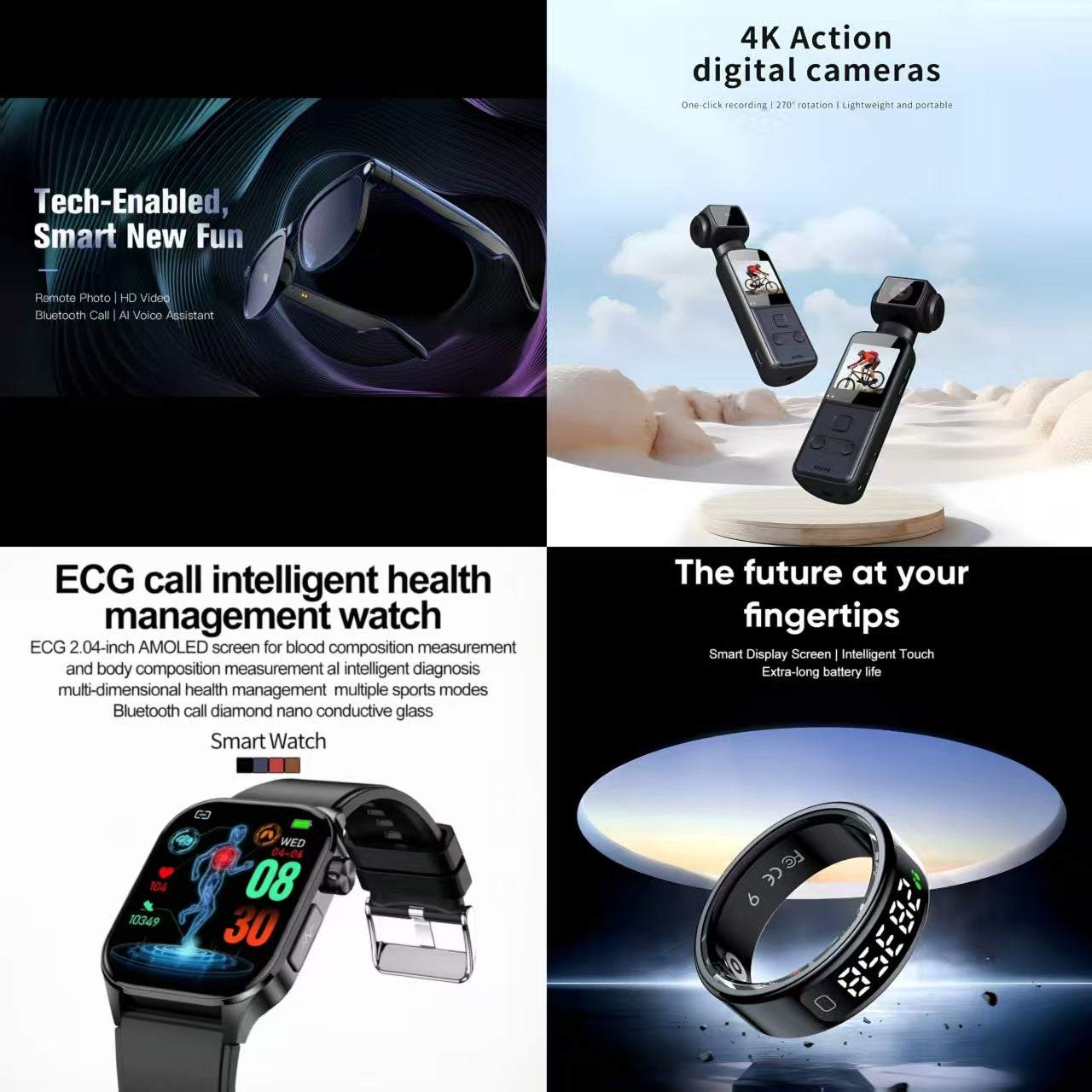 4-in-1 Smart Future Tech & Health Bundle: Tech-Enabled Smart Glasses + 4K Action Camera + ECG Call Health Watch + Smart Ring (Future at Your Fingertips)