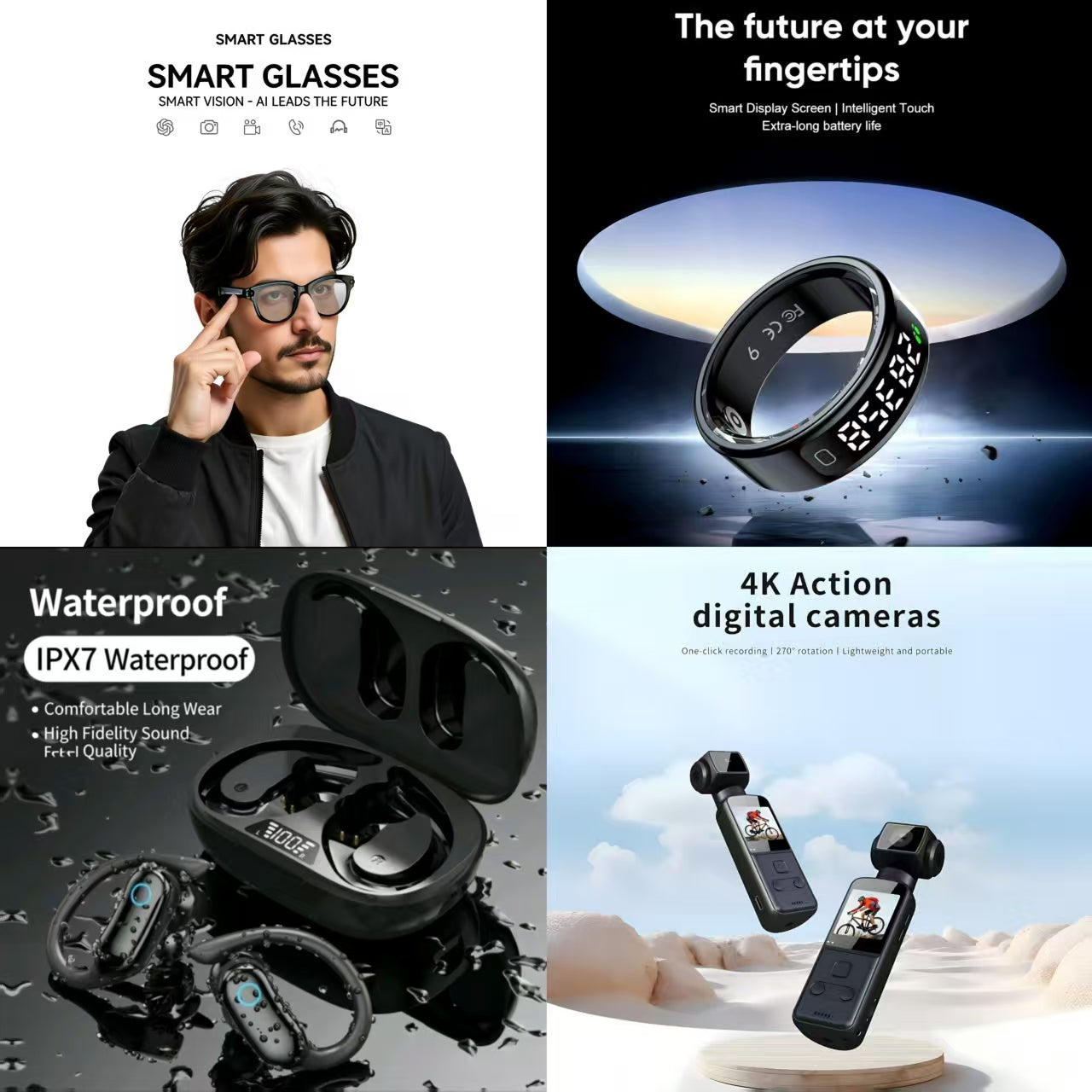 4-in-1 Smart Outdoor & Lifestyle Bundle: Smart Glasses + Smart Ring + IPX7 Waterproof Earbuds + 4K Action Camera (Future at Your Fingertips)