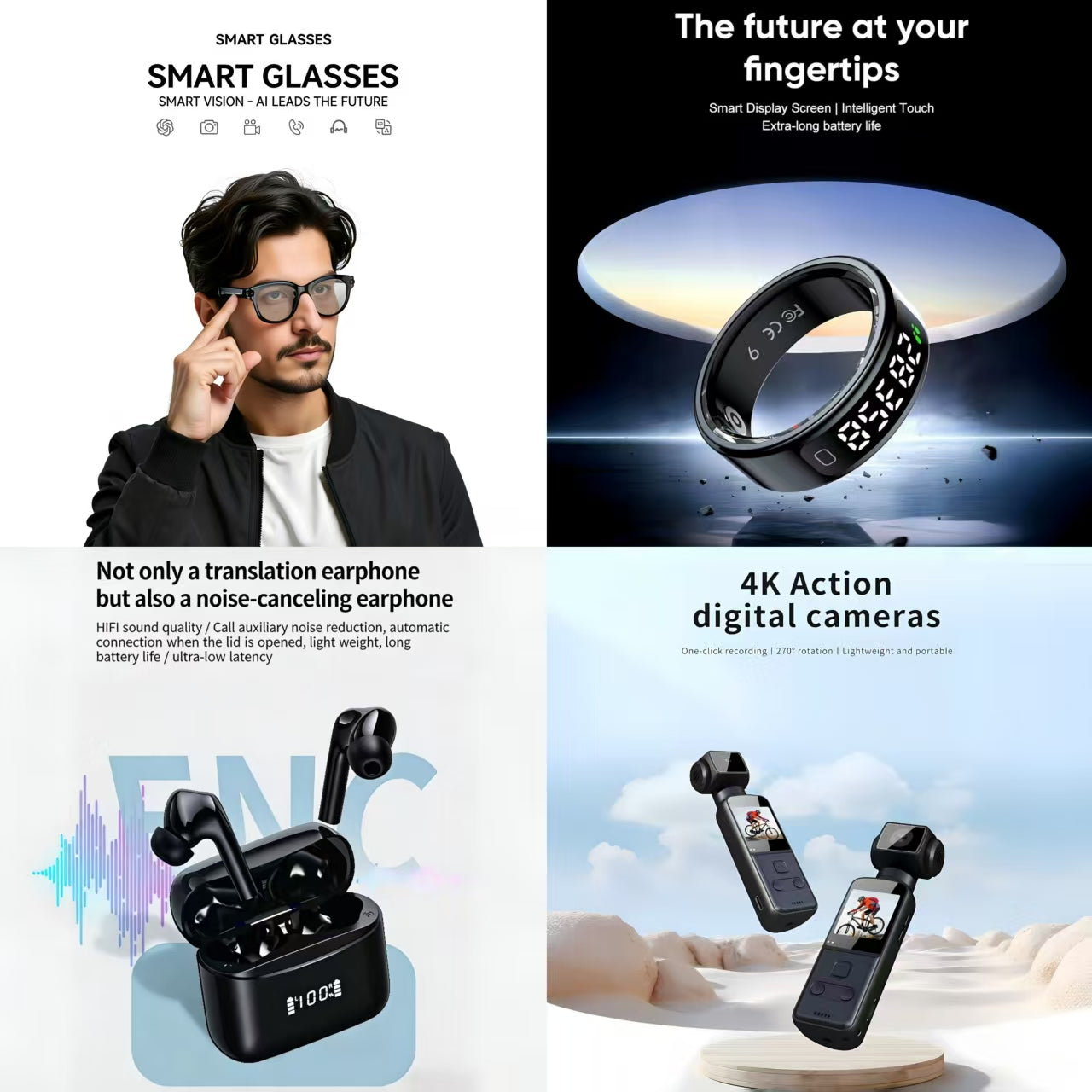 4-in-1 Smart Global Tech Bundle: Smart Glasses + Smart Ring + ENC Noise Canceling Translation Earbuds + 4K Action Camera (Future at Your Fingertips)