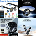 4-in-1 Smart AI Tech & Audio Bundle: Smart AI Camera Glasses + 4K Action Camera + Open-Panoramic Sound Earbuds + Smart Ring (Future at Your Fingertips)
