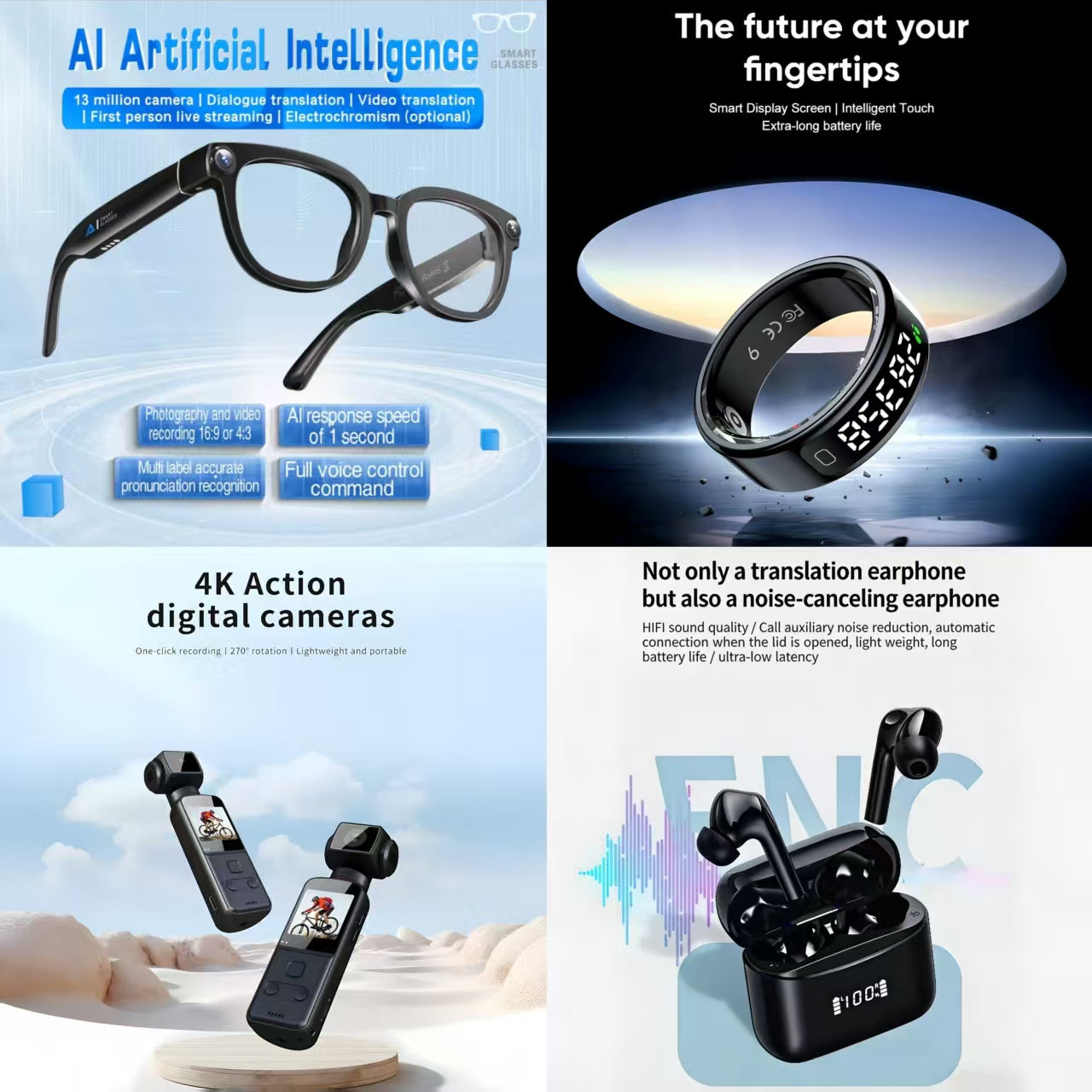 4-in-1 Smart AI Tech & Audio Bundle: AI Smart Glasses + ENC Noise Canceling Translation Earbuds + 4K Action Camera + Smart Ring (Future at Your Fingertips)